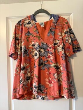 Ivy Jane Coral Floral V-Neck Hooded Tunic